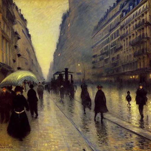 Image similar to Parisian street at night, 1880, Renoir, Jean Béraud, Gustave Caillebotte, Delaroche, Luigi Loir, Edouard Leon Cortes, moody, foggy, victorian buildings, people walking by, melancholic, busy