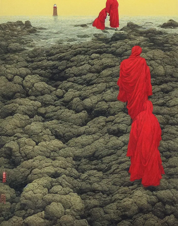 Image similar to worshippers in red robes belonging to the cult of the lighthouse on the rocky shore right in front of the lighthouse, high detailed beksinski painting, part by adrian ghenie and gerhard richter. art by takato yamamoto. masterpiece, deep colours, blue