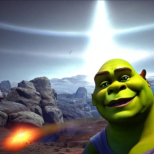 Prompt: shrek in the unreal engine, giant space battle, 8k, photo realistic, lensflare, volumetric lighting