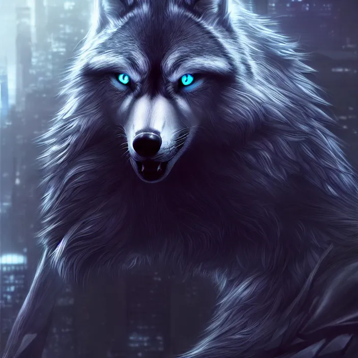 Image similar to portrait of male anthropomorphic dark gray anime wolf, long red hair, blue eyes, in a futuristic city, hyper detailed, digital art, trending on artstation, cinematic lighting, studio quality, smooth render, unreal engine 5 rendered, octane rendered, 1 : 1 aspect ratio