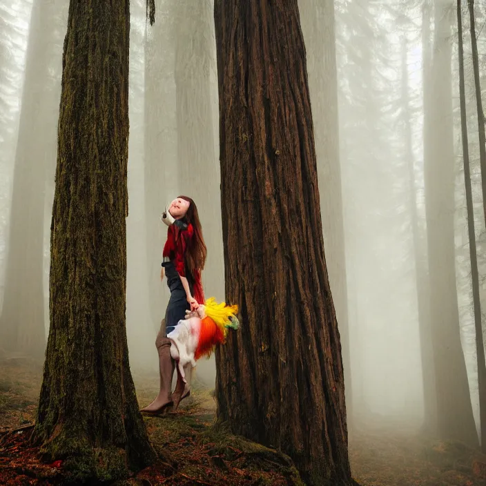 Image similar to a color photograph, closeup portrait of a woman wrapped in plastic, holding a unicorn skull, in a foggy redwood forest, color photograph, by vincent desiderio, canon eos c 3 0 0, ƒ 1. 8, 3 5 mm, 8 k, medium - format print