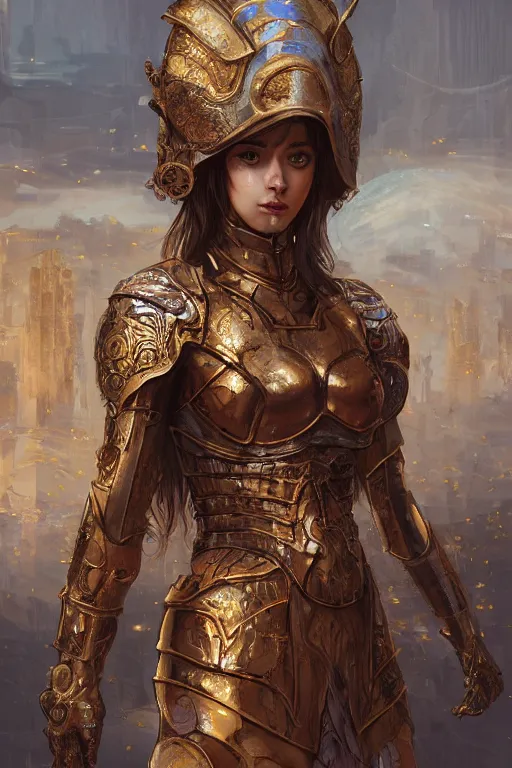 Prompt: portrait knights of Zodiac girl, golden and copper reflected armor, in ruined Agora of Athens, ssci-fi, fantasy, intricate, very very beautiful, elegant, highly detailed, digital painting, artstation, concept art, smooth, sharp focus, illustration, art by WLOP and tian zi and alphonse mucha