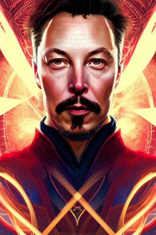 Image similar to elon musk as dr strange, realistic portrait, symmetrical, highly detailed, digital painting, artstation, concept art, smooth, sharp focus, illustration, cinematic lighting, art by artgerm and greg rutkowski and alphonse mucha