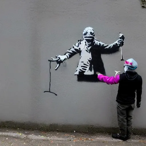 Image similar to banksy graffiti showing the dangers of ai