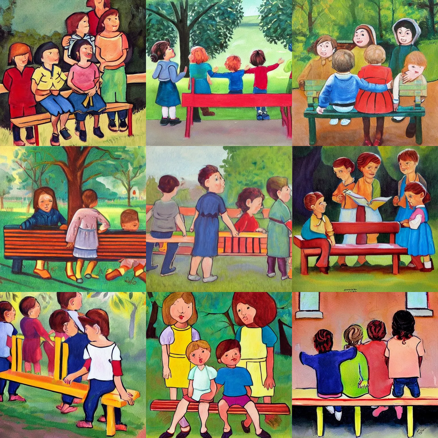 Prompt: a painting of a group of children standing around a bench, a storybook illustration by mary davis, lady davis, trending on pinterest, institutional critique, soviet propaganda, storybook illustration, childs drawing