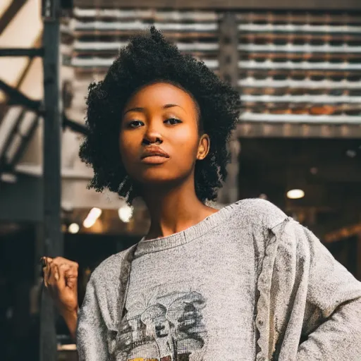 Prompt: beautiful Black and Japanese girl with blonde shoulder length hair dressed in urban outfitters