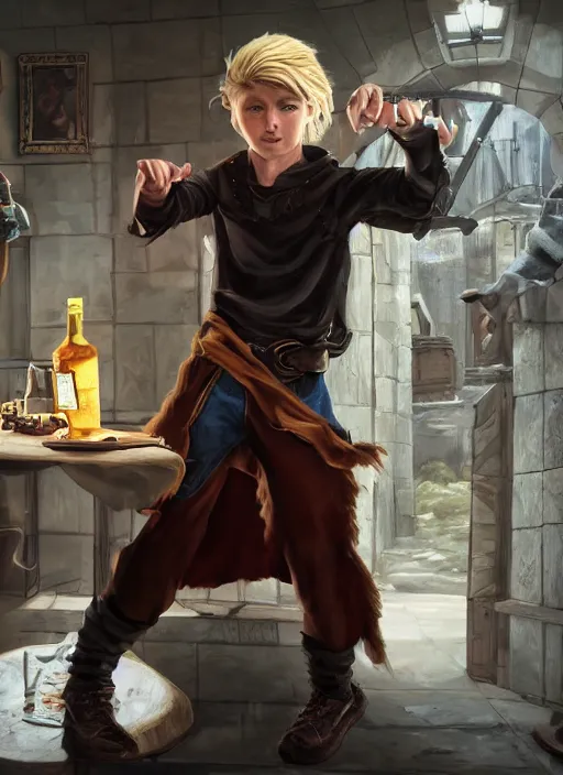 Prompt: An epic fantasy comic book style portrait painting of a young blonde boy thief in a tavern, unreal 5, DAZ, hyperrealistic, octane render, cosplay, RPG portrait, dynamic lighting