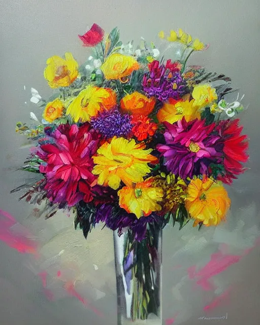 Prompt: oil on canvas illustration of the most beautiful bouquet of flowers, colorful, artstation, deviantart, pinterest, 5 0 0 pc