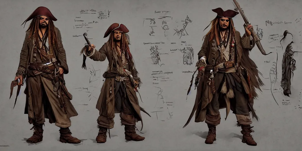 Image similar to jack sparrow, character sheet, concept design, contrast, kim jung gi, greg rutkowski, zabrocki, karlkka, jayison devadas, trending on artstation, 8 k, ultra wide angle, pincushion lens effect