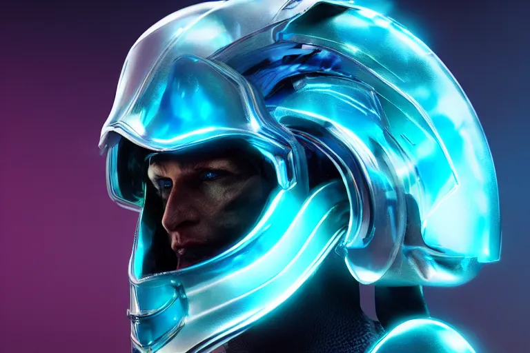 Prompt: futuristic fluid aquamarine cyber helmet visor, intricate, glowing, eyecandy, colorful, 3 d, octane render, photorealistic, modern, warp, gi joe style,