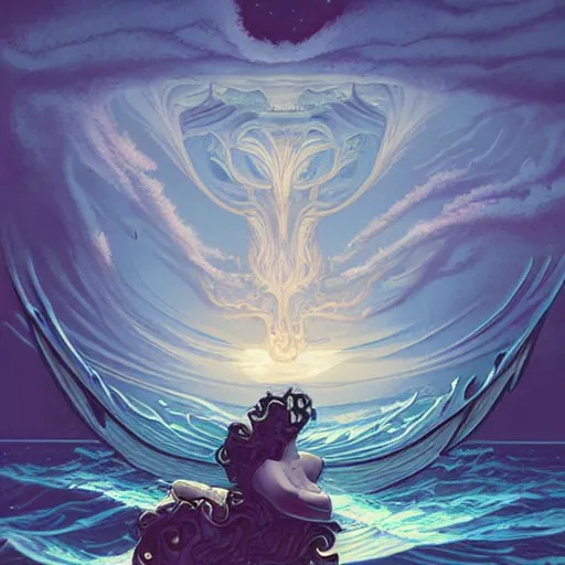 Image similar to in the style of Steve Niles, Joshua Middleton, Peter Mohrbacher and artgerm, Chtulhu rising from the water staring at a boat, Lovecraftian, ocean, night, storm, lighting, terror, horror