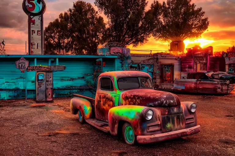 Image similar to a sunset light landscape with historical route 6 6, lots of sparkling details and sun ray ’ s, blinding backlight, smoke, volumetric lighting, colorful, octane, 3 5 mm, abandoned gas station, old rusty pickup - truck, beautiful epic colored reflections, very colorful heavenly, softlight