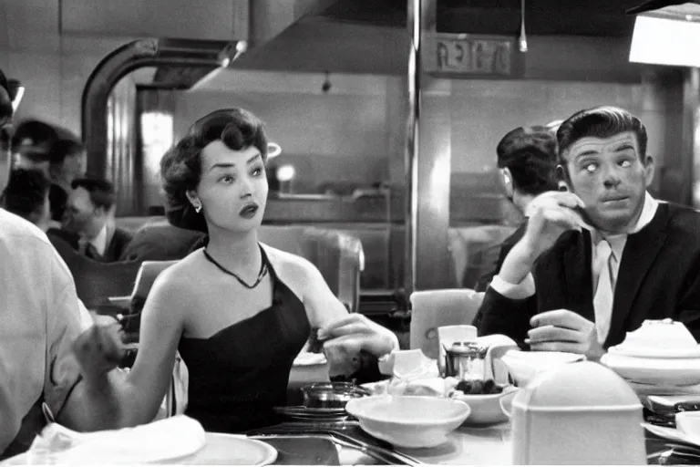 Image similar to beautiful couple arguing in a New York diner 1959s, by Roger Deakins