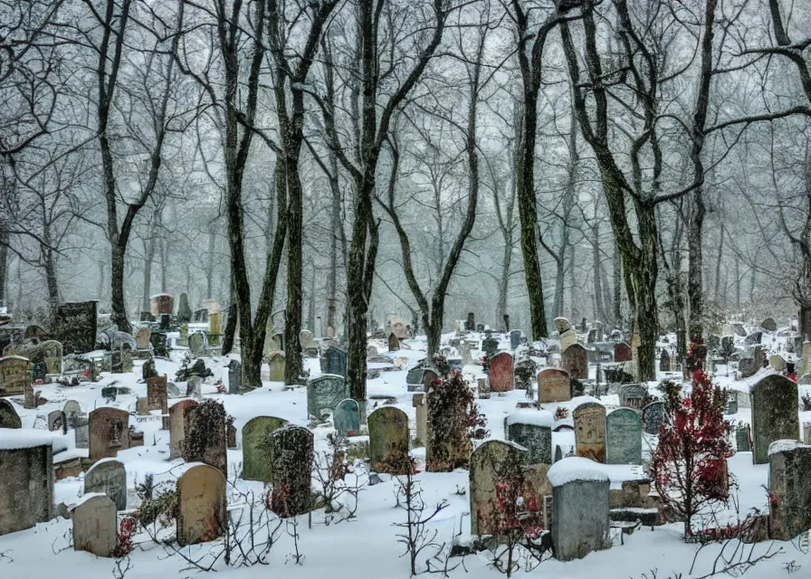 Image similar to forest with a graveyard covered in snow, colored papre collage