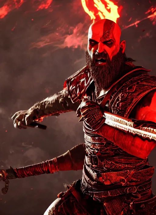 Image similar to red facial stripe armored screaming kratos rocking hard on a flaming stratocaster guitar, cinematic render, god of war 2 0 1 8, playstation studios official media, lightning, flames, clear, coherent, guitar