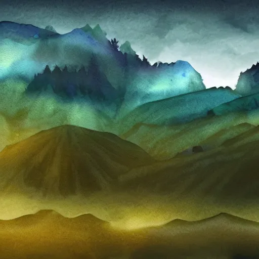 Prompt: cinematic shot of misty mountains, watercolor like rendering, forest, dramatic, semi - realistic digital art