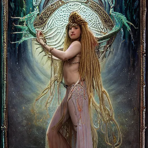 Image similar to intricate detail, hyper detail, lady of elche techno mystic goddess princess intergalactica, goddess inanna, ashteroth, with aqua neon rapunzel dreadlocks, mami wata, detailed, by gaston bussiere, bayard wu, greg rutkowski, h. r. giger, greg rutkowski, sandro botticelli, masterpiece, sharp focus,