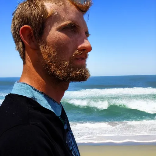 Prompt: a man named Luke harrington who lives on Ocracoke island staring at the ocean, photorealistic