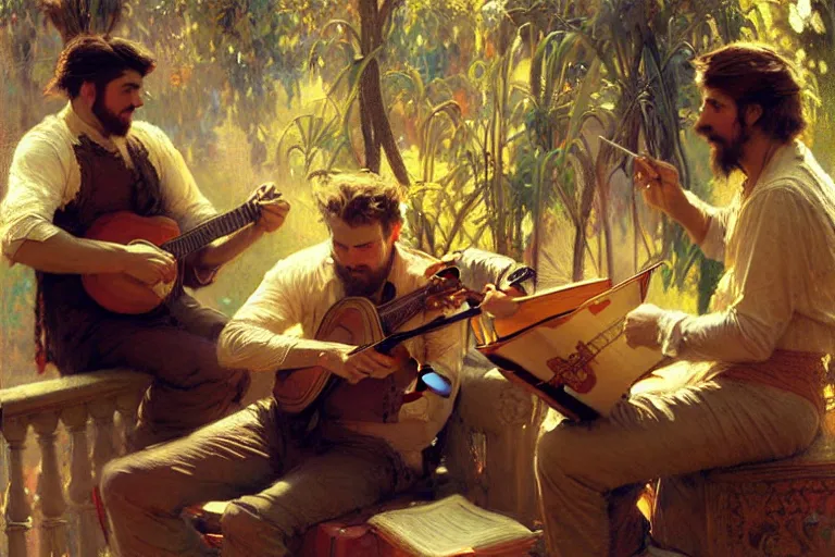 Image similar to 2 attractive men playing music, painting by gaston bussiere, craig mullins, greg rutkowski, alphonse mucha