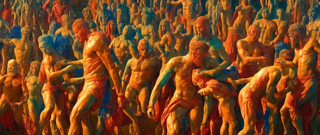 Prompt: Gladiators fighting angels of God turning into colorful wax, high detail, 8k, ornate, masterpiece, complex, haze, film still from the movie directed by Denis Villeneuve with art direction by Pablo Picasso and Greg rutkowski, Alex Gray, wide angle