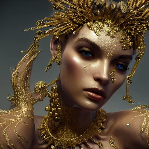 Image similar to full body detailed, ethereal, biomechanical, covered in diamonds and other gems glowing, highly detailed face, elegant posed, intricate, extremy detailed, beeple, cgsociety, 3 d unreal engine octane render. cinematic lighting, highly detailed 4 k art