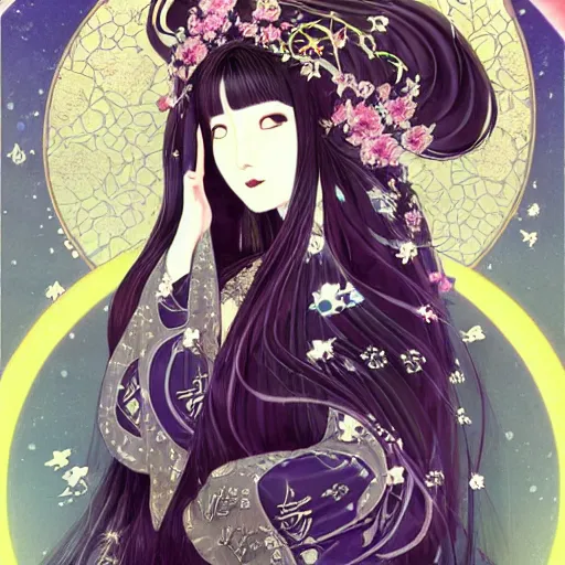 Image similar to portrait of the japanese moon princess kaguya hime with long flowing black hair wearing an ornate kimono with intricate floral patterns, touhou character illustration by ross tran, bo chen, toni infante, rebecca oborn, michael whelan, trending on artstation cgsociety hq