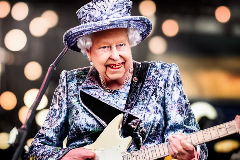 Prompt: Queen Elizabeth shredding on electric guitar on stage at a metal festival, portrait photography, depth of field, bokeh