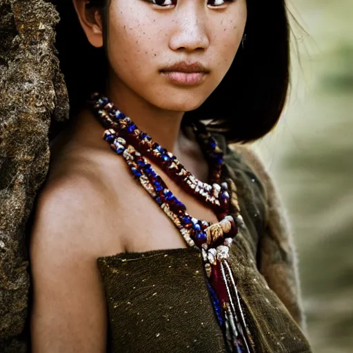 Image similar to portrait of a stunningly beautiful asian tribal female, freckles, olive skin, shining eyes, depth of field, zeiss lens, detailed, symmetrical, centered, fashion photoshoot, by Annie Leibovitz and Steve McCurry, David Lazar, Jimmy Nelsson, Breathtaking, 8k resolution, extremely detailed, beautiful, establishing shot, artistic, hyperrealistic, beautiful face, octane render