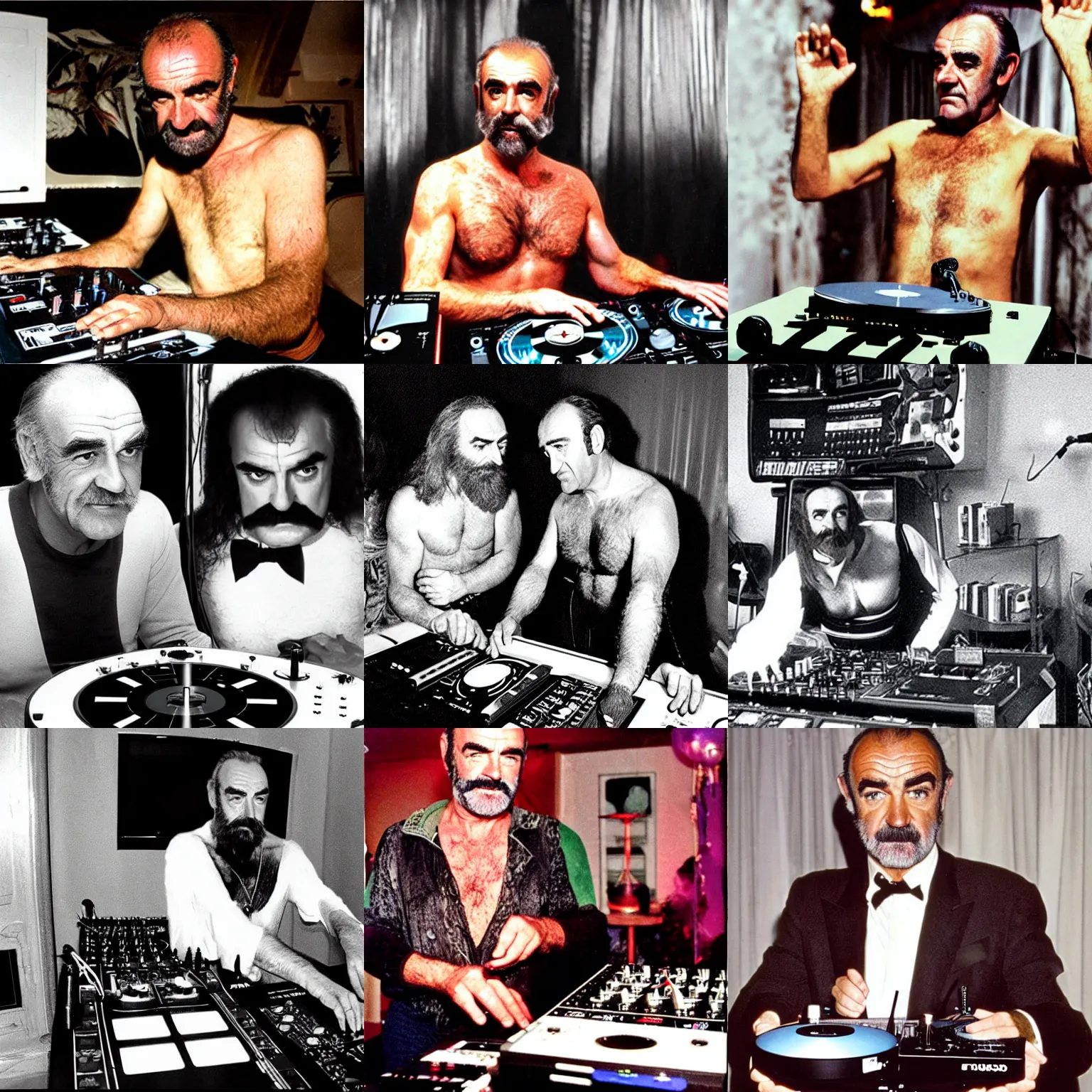 Prompt: Sean Connery Zardoz DJing with DJ turntables, photoreal