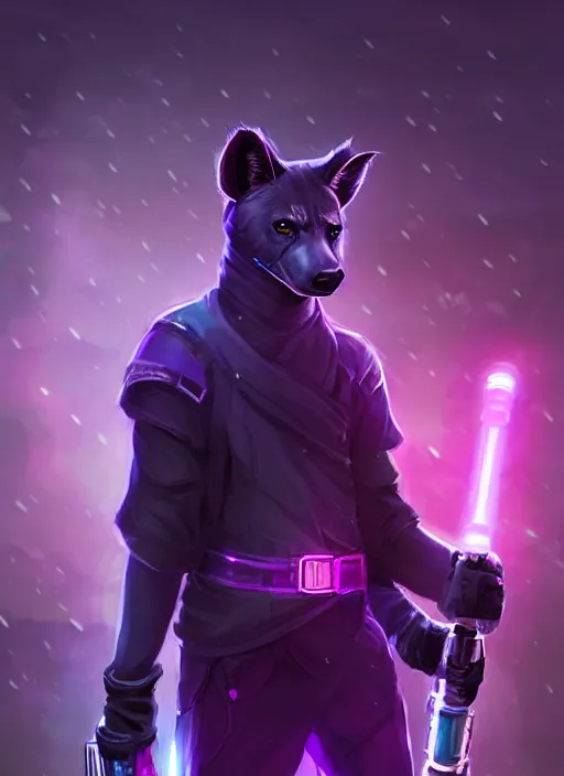 Image similar to beautiful portrait commission of a male furry anthro hyena fursona jedi wielding a purple lightsaber in a cyberpunk city at night in the rain. character design by charlie bowater, ross tran, artgerm, and makoto shinkai, detailed, inked, western comic book art