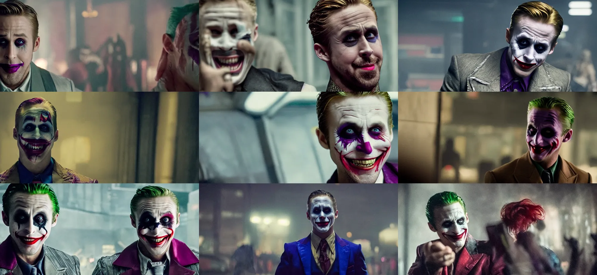 Prompt: ryan gosling as the joker in suicide squad ( 2 0 1 6 ) directed by david ayer, cinematography by roman vasyanov, movie stills )