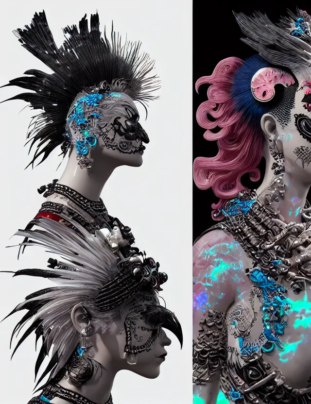 Image similar to 3 d goddess close - up profile portrait punk with mohawk with ram skull. beautiful intricately detailed japanese crow kitsune mask and clasical japanese kimono. betta fish, jellyfish phoenix, bio luminescent, plasma, ice, water, wind, creature, artwork by tooth wu and wlop and beeple and greg rutkowski