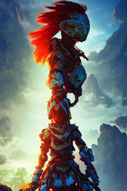 Image similar to combination suit armor aloy horizon forbidden west horizon zero dawn radiating a glowing aura global illumination ray tracing hdr fanart arstation by ian pesty and alena aenami artworks in 4 k tribal robot ninja mask helmet backpack