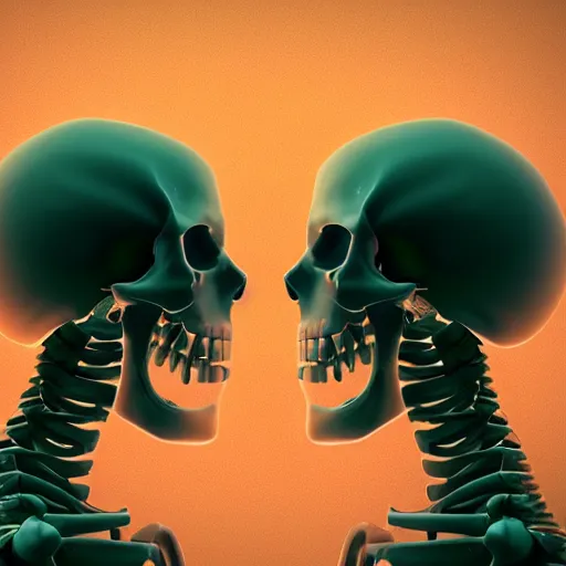 Prompt: A profile of two skeletons facing each other by Beeple, Trending on Artstation, Octane Render, 8K, UHD