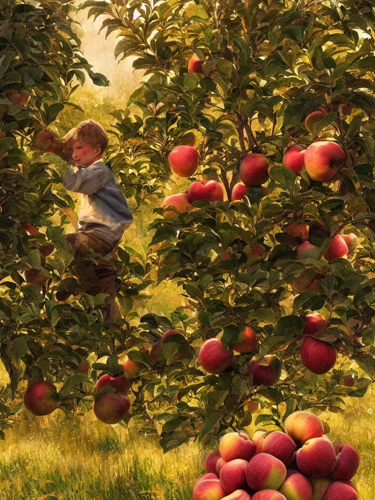 Image similar to picking apples by disney concept artists, blunt borders, rule of thirds, golden ratio, godly light, beautiful!!!