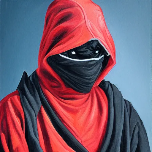 Prompt: hooded ninja, oil painting, portrait, intricate complexity, rule of thirds, character concept, dramatic lighting, complementary colors