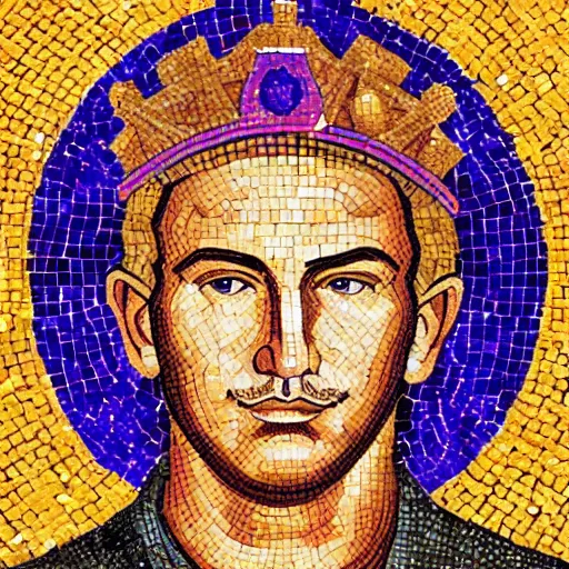 Prompt: head and shoulders portrait of benjamin netanyahu, as king of israel, wearing purple smooth robes and a golden crown over his head, as a byzantine mosaic, very detailed, very realistic, elegant, top art, renowed artwork