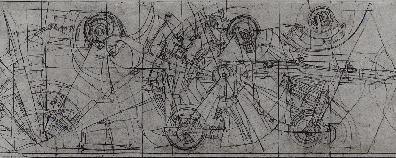 Image similar to a leonardo davinci sketch of an infinite creativity machine, in the style of an engineering drawing