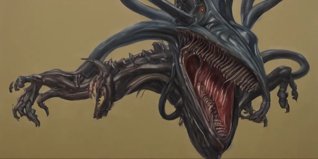 Prompt: pet xenomorph playing fetch character study oil paint on canvas