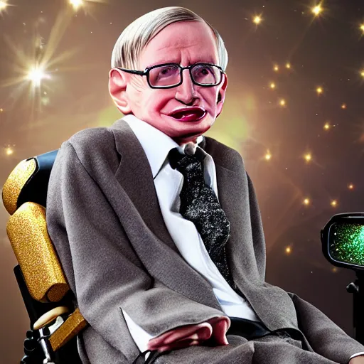 Image similar to Stephen Hawking with silver-violet hair, white eyes and golden glittery dress, wide lens, diorama, 4k,