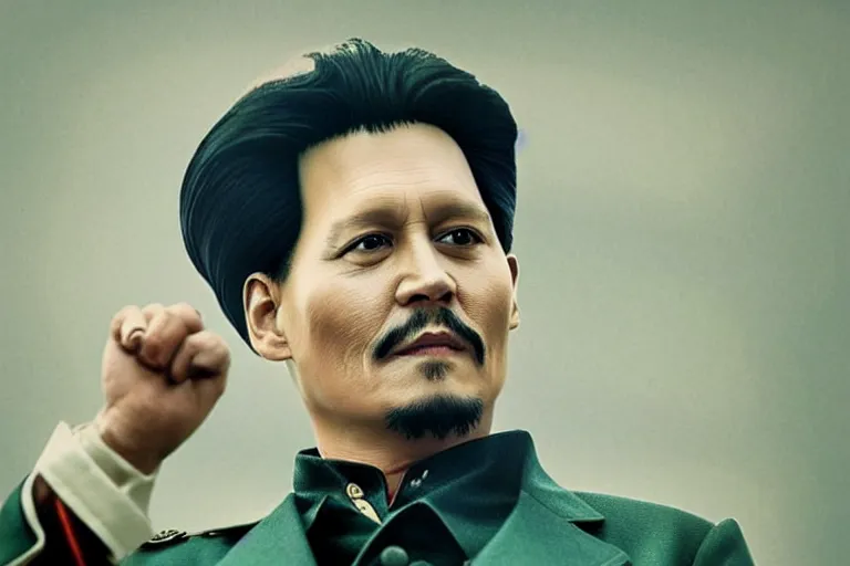 Image similar to Johnny Depp as Mao Zedong in 'China!' (2024), movie still frame, promotional image, imax 70 mm footage, oscar nominated cinematography, volumetric lighting, 8k resolution