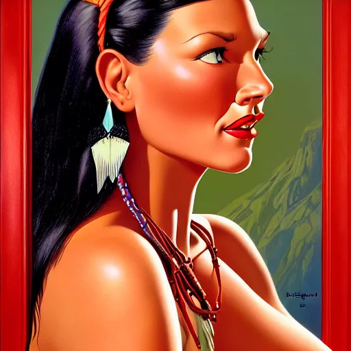 Image similar to portrait of a beautiful pocahontas, expressive pose, symmetrical face, shiny lips, highly detailed, digital painting, smooth, sharp focus, by gil elvgren