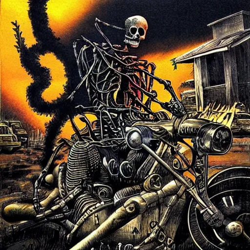 Image similar to richard corben style album cover artwork painting of ghost rider skeleton on a motorcycle