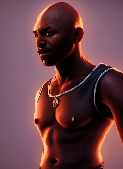 Image similar to An epic fantasy comic book style portrait painting of a young dark skinned thief with broad shoulders and a bald head in a vest, unreal 5, DAZ, hyperrealistic, octane render, cosplay, RPG portrait, dynamic lighting