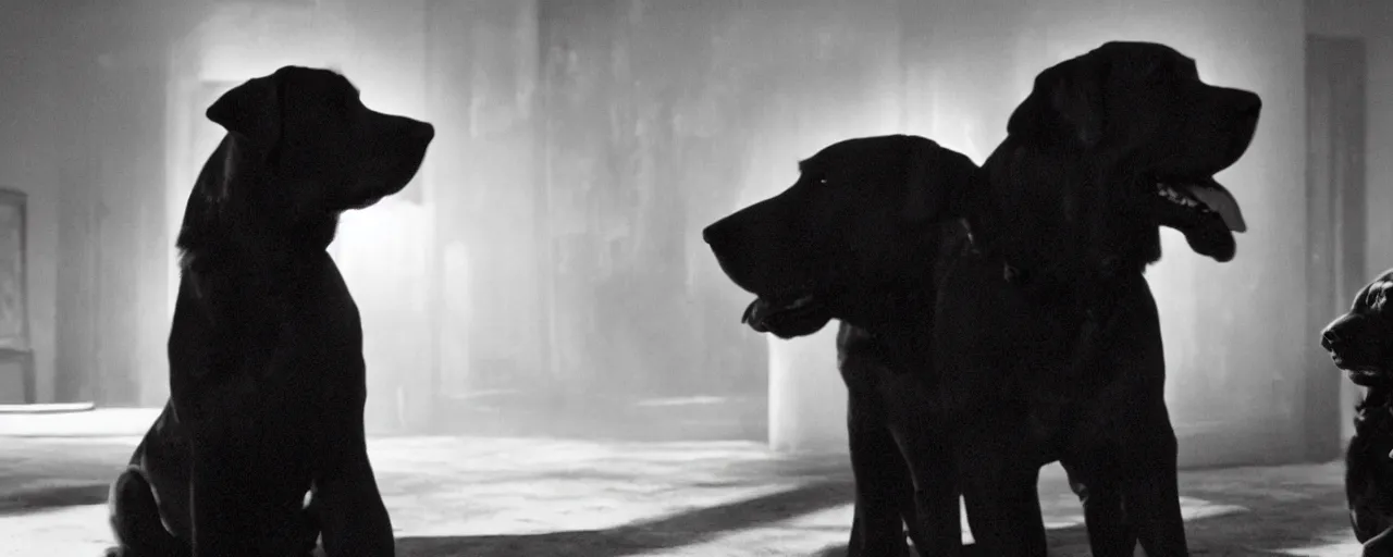 Prompt: A still frame from a noir movie in black and white featuring an old big black dog who is a private investigator, cinematic composition, dramatic lighting