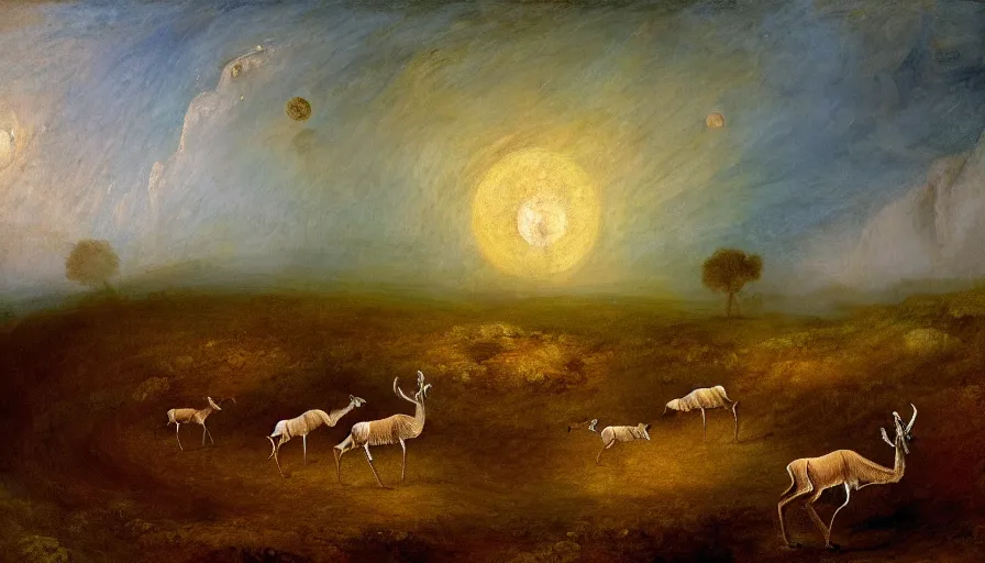 Prompt: highly detailed painting of antelopes in a small square flower garden on the dry grey cratered surface of the moon by william turner, thick brush strokes and visible paint layers, 4 k resolution