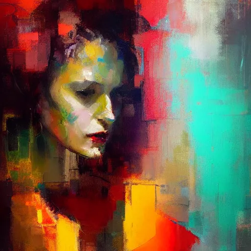 Prompt: high quality abstract painting of a woman in bright colours by jeremy mann
