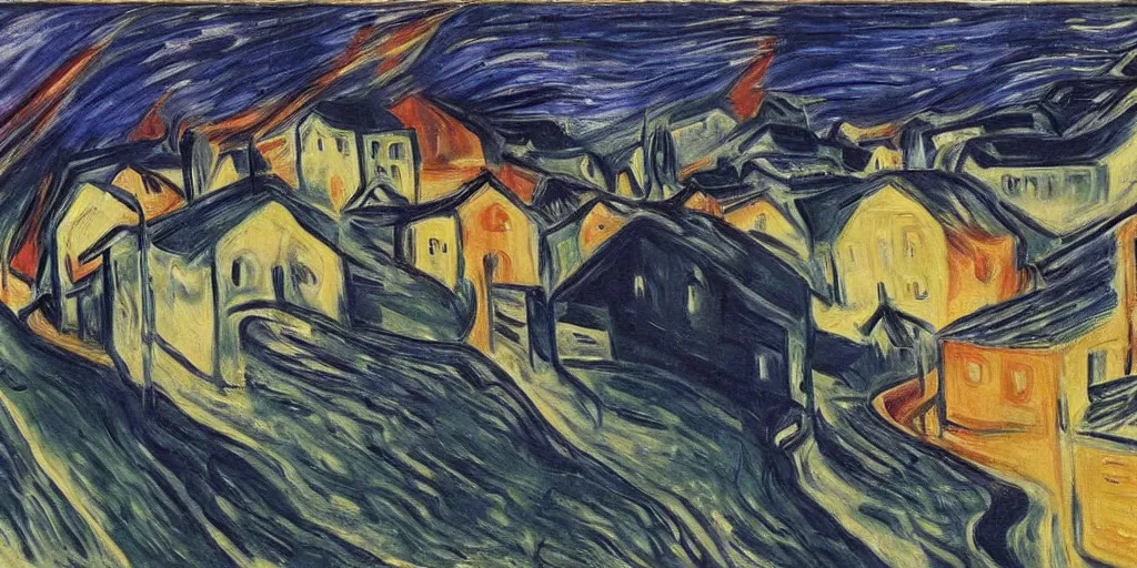 Prompt: ' a painting of a storm with people and houses by edvard munch'