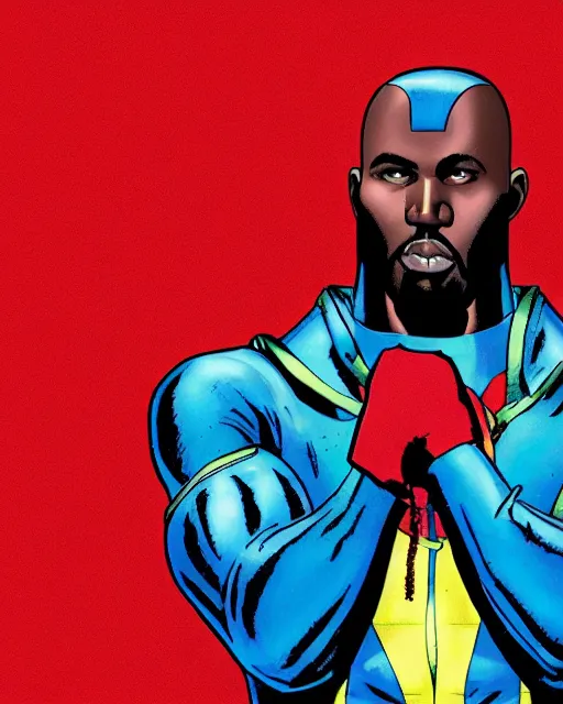 Image similar to Marvel Comics (1990s) X-Men comic book cartoon illustration of Kanye West on red background