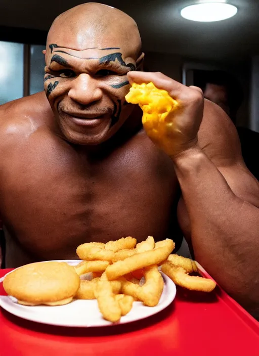 Image similar to Mike Tyson depressed eating a happy meal in the McDonalds play place, while it storms outside the building, mike tyson begins crying softly as he eats a chicken mcnugget and crushes his hamburger in his hands, ketchup spraying out of it, photograph, high quality, detailed, sharp